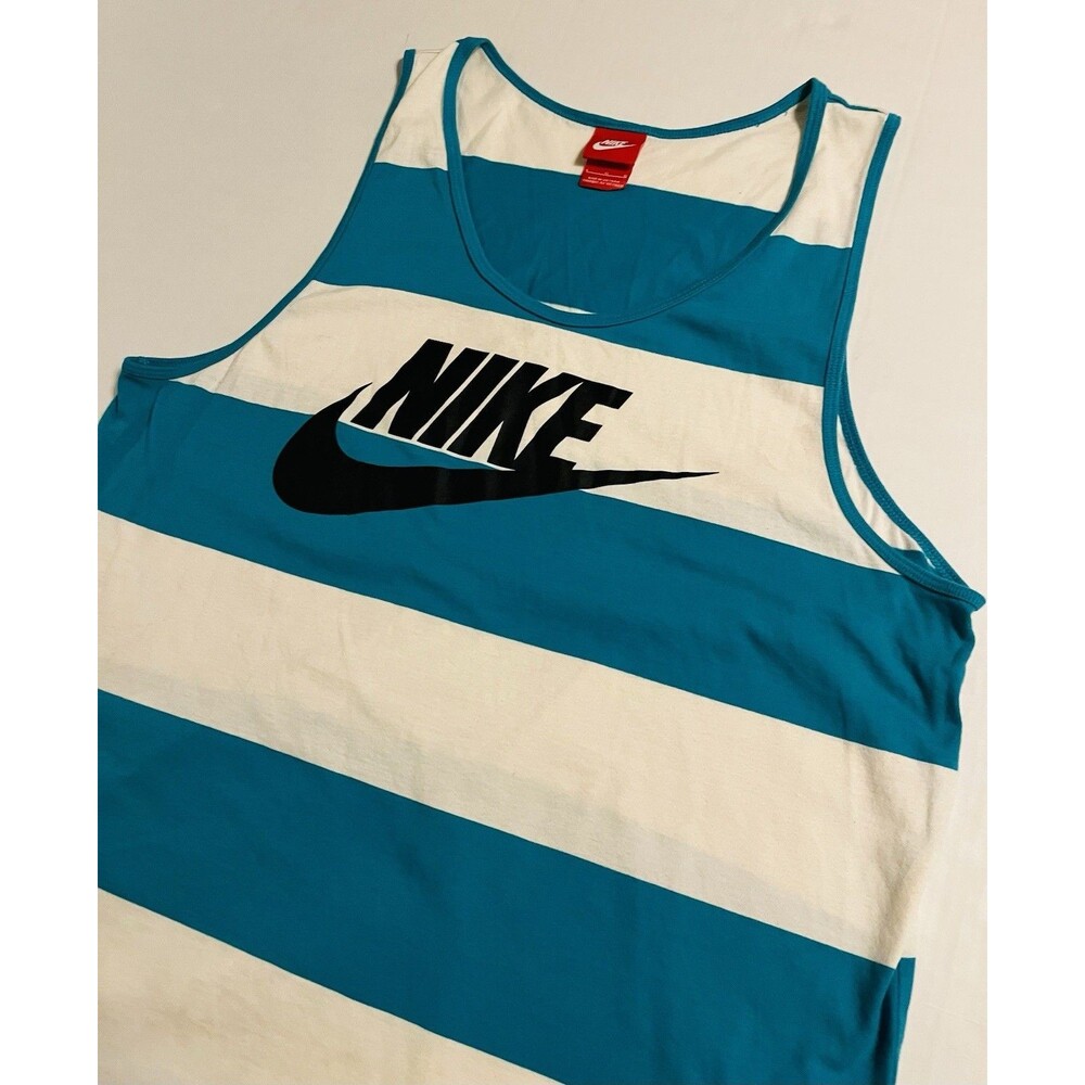 Vintage Nike Y2K Striped Tank Top Teal White LARGE Summer Red Tag Sleeveless VTG